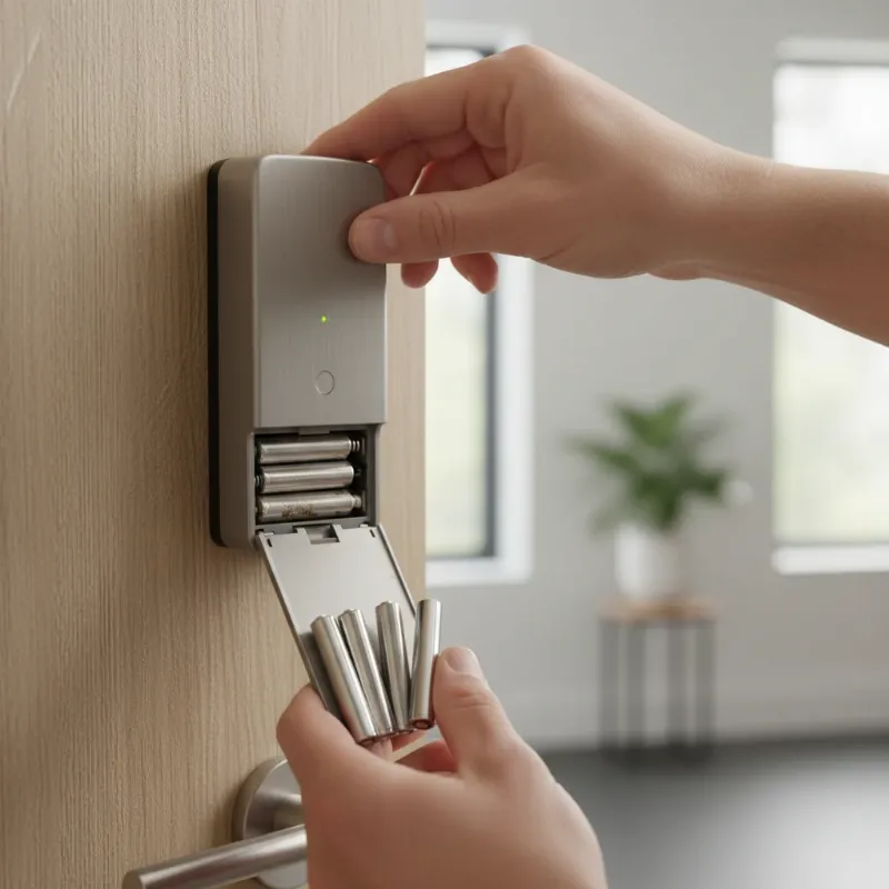 Hand replacing batteries in the interior unit of a smart lock for maintenance.
